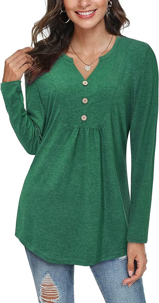 LAISHEN Women's Long Sleeve button Down Tunic Tops Henley V Neck Casual Swing Shirts Blouse | Amazon (US)