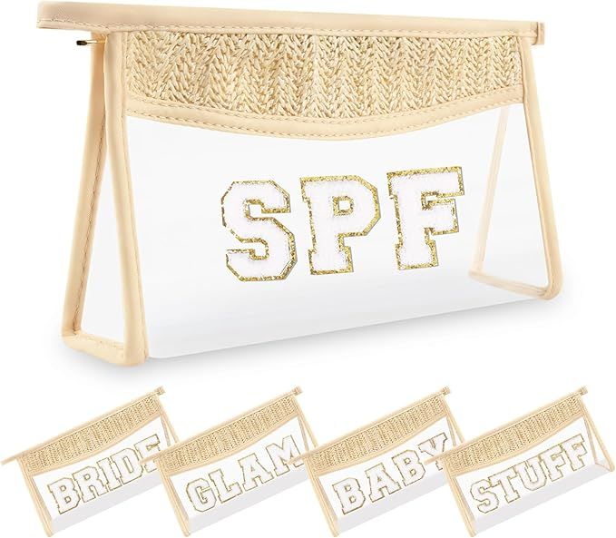 Small Boho Straw Clear Spf Makeup Bags for Women&Girls, Zipper Cosmetic Bag Chenille Varsity Lett... | Amazon (US)