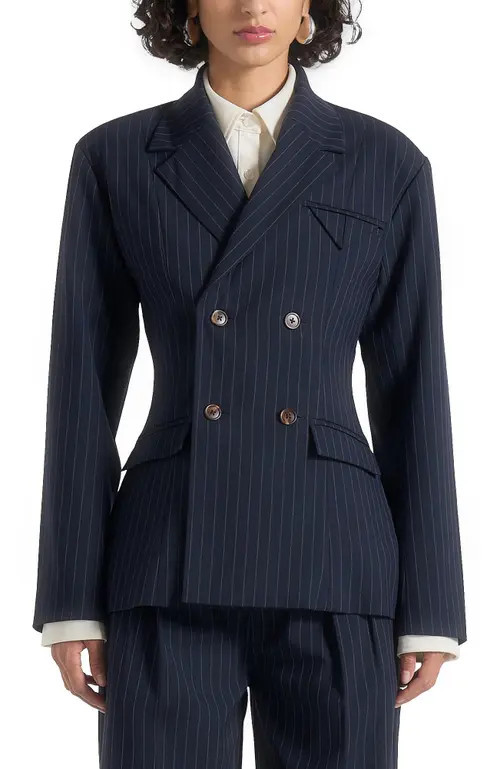 Manière De Voir Maia Pinstripe Double Breasted Blazer in Navy at Nordstrom, Size 0 | Nordstrom