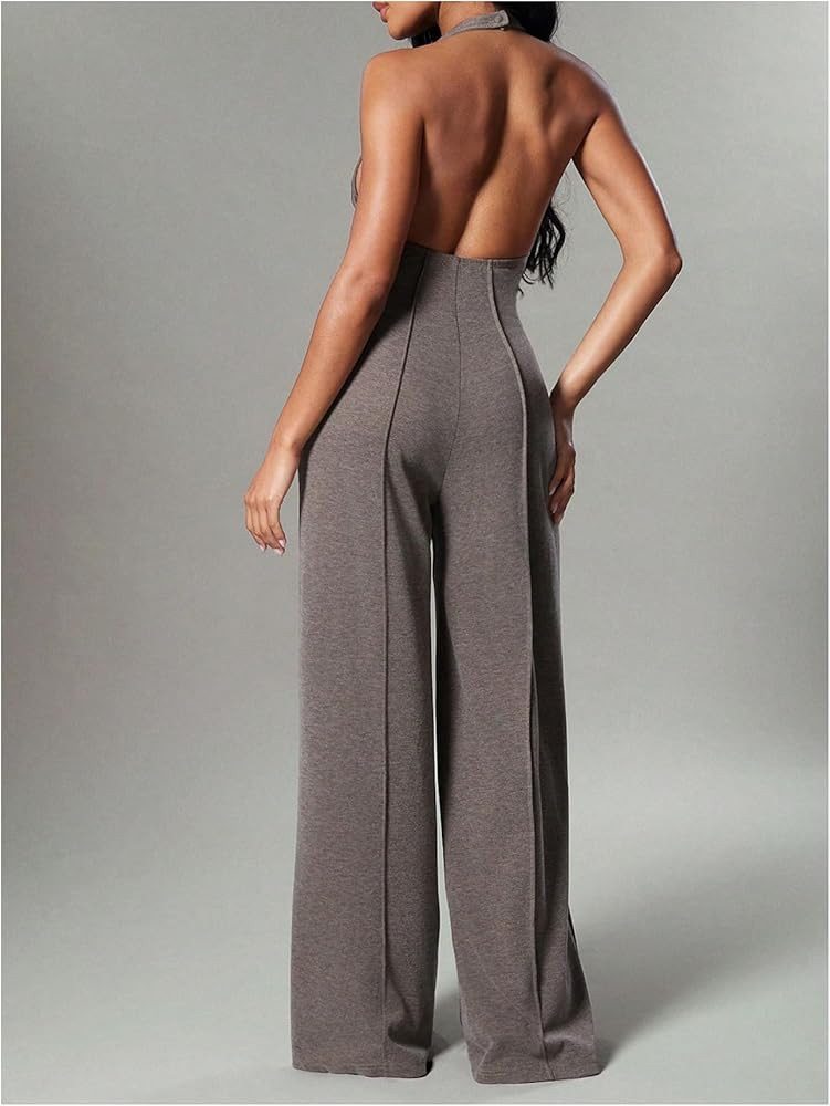 OYOANGLE Women's Backless Halter Jumpsuits Sleeveless Deep V Neck Pleated Bodycon Date Night Long... | Amazon (US)