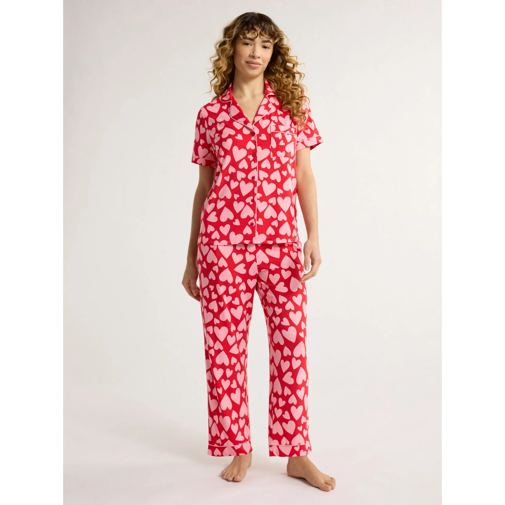 Joyspun Women's and Women’s Plus Jersey Notch Collar Top and Capri Pants Pajama Set, 2-Piece, S... | Walmart (US)