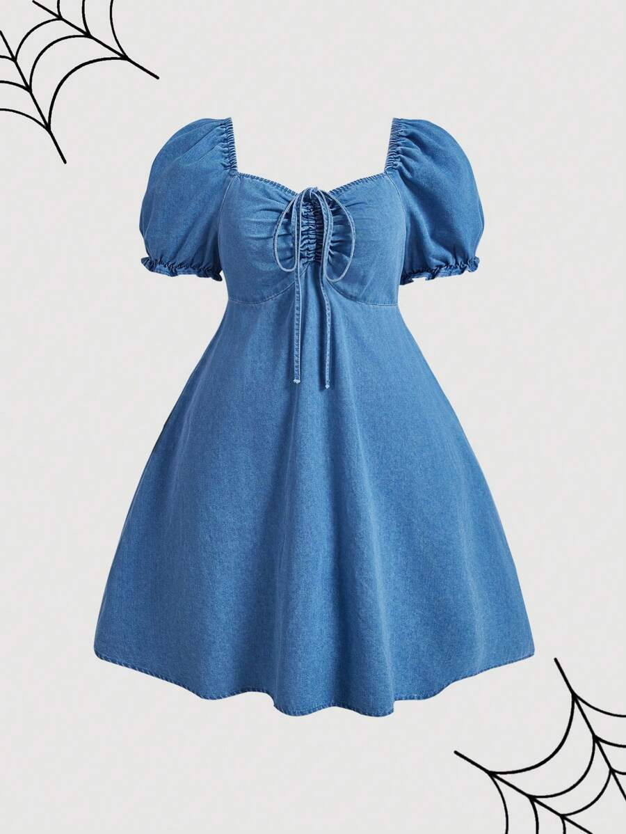 SHEIN MOD Plus Size Denim Dress Sweet Bubble Sleeve Loose Fit Blue Dress,Bow Dress,Fall Women Dre... | SHEIN