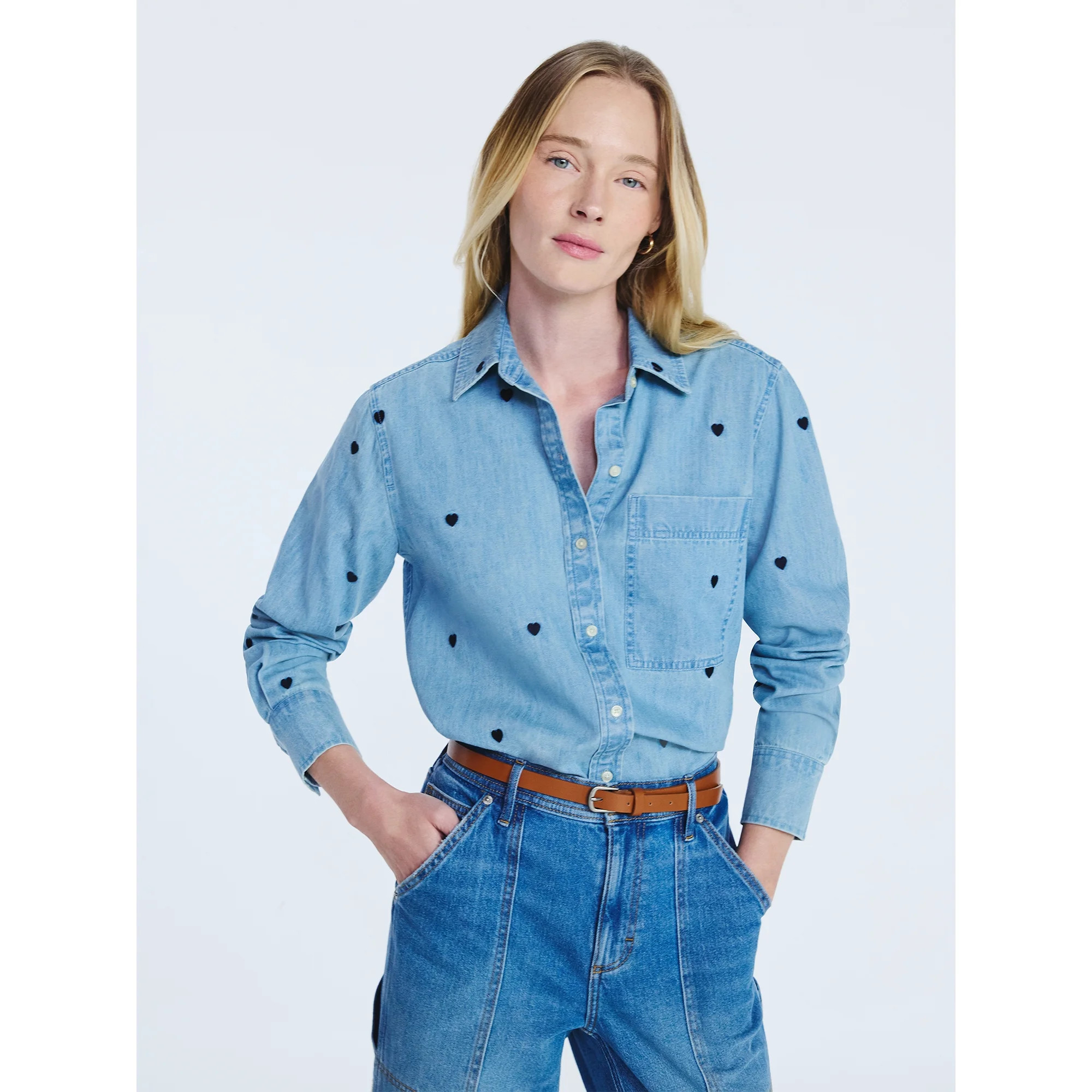 Free Assembly Women's and Women’s Plus Embroidered Hearts Denim Shirt with Long Sleeves, Sizes ... | Walmart (US)