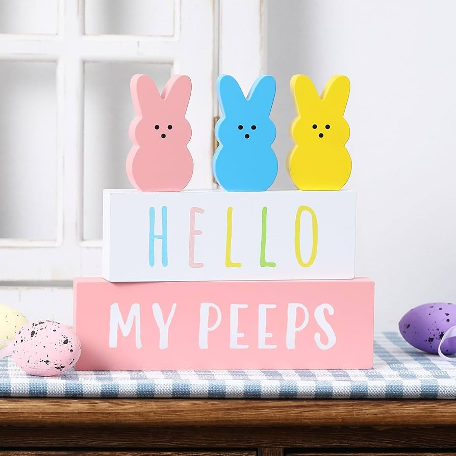 Easter Decorations-5PCS Wooden Block Sign-Cute Peep Wooden Bunny Set for Spring Easter Home Tiere... | Amazon (US)