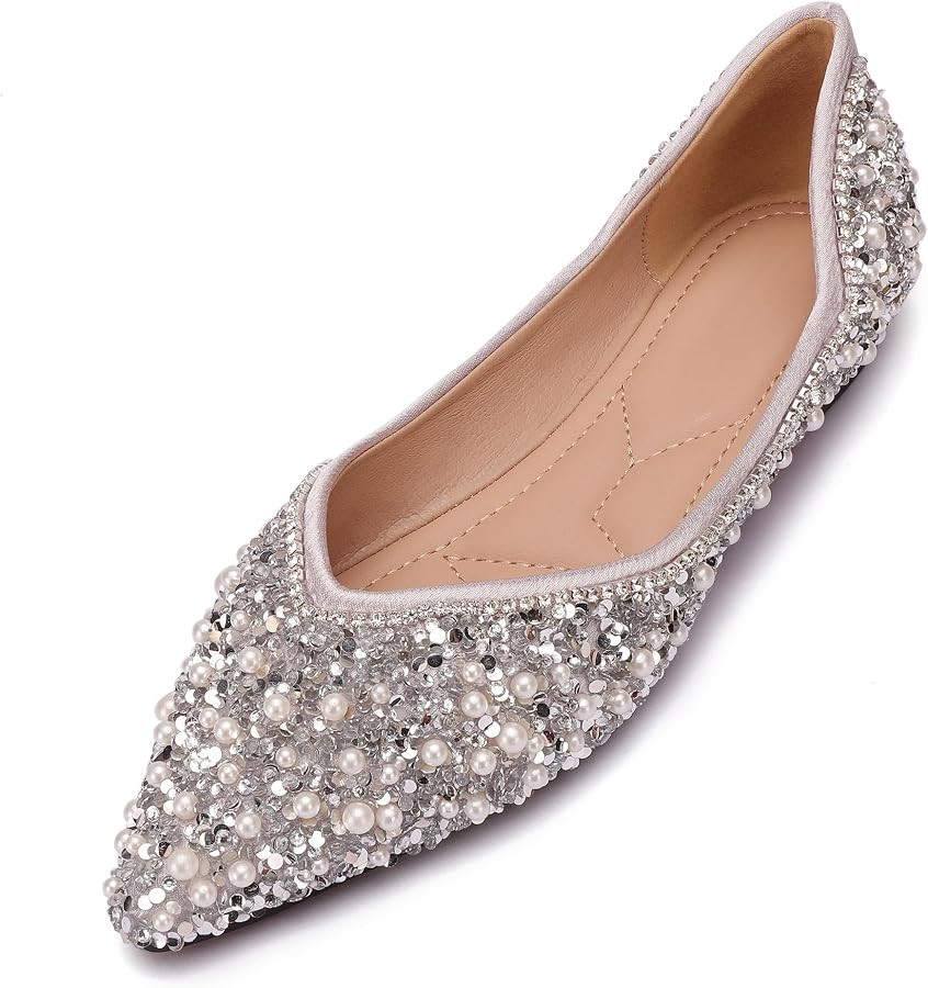 Women's Rhinestone Flats Fashion Pointed Toe Pearl Diamond Low Heel Dress Wedding Flats Work Busi... | Amazon (US)