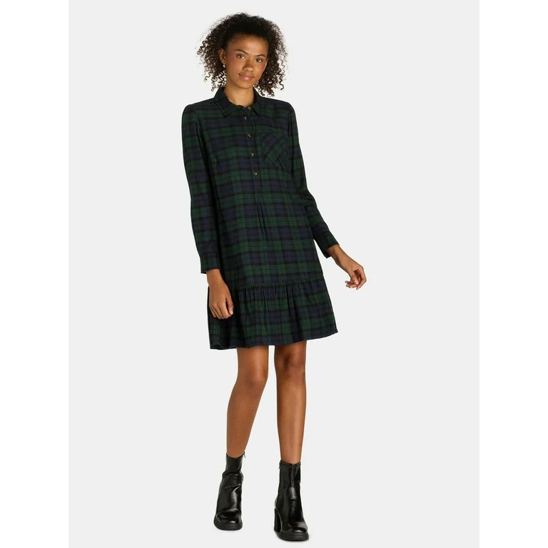 Time and Tru Women's Plaid Mini Dress with Long-Sleeves, Sizes XS-XXXL - Walmart.com | Walmart (US)