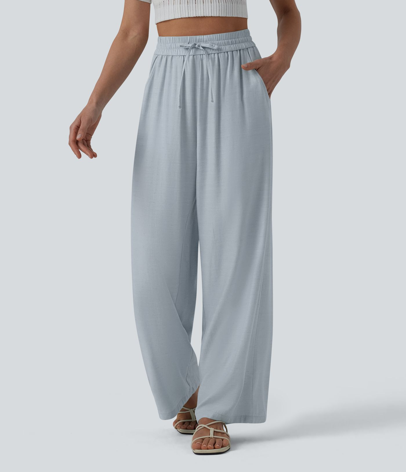 High Waisted Drawstring Wide Leg Casual Linen-Blend Pants with Pockets | HALARA