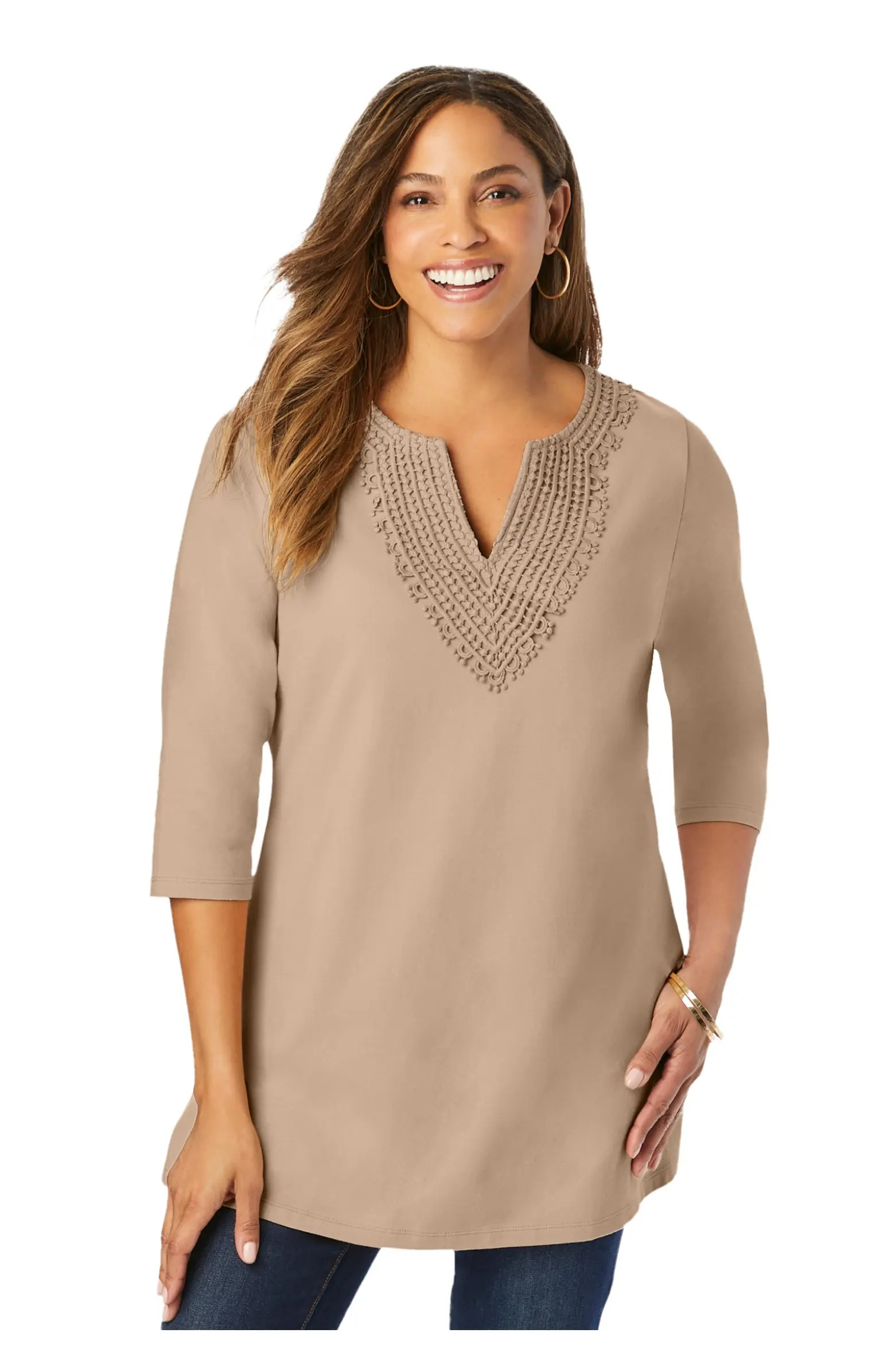 Stretch Cotton Crochet Notch Neck Tunic | Nordstrom