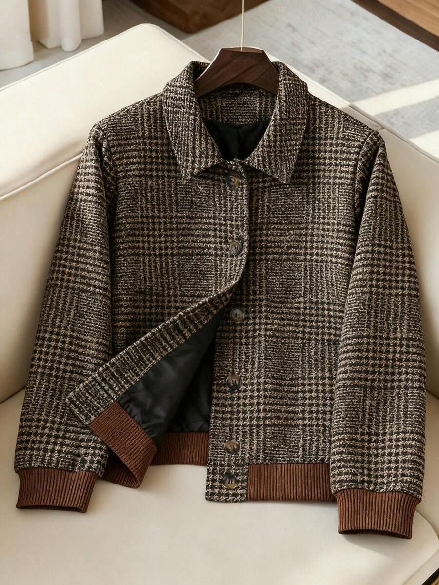 Franclia Plus Size Women's Lapel Button-Up Houndstooth Lined Contrast Ribbed Regular Jacket, Eleg... | SHEIN