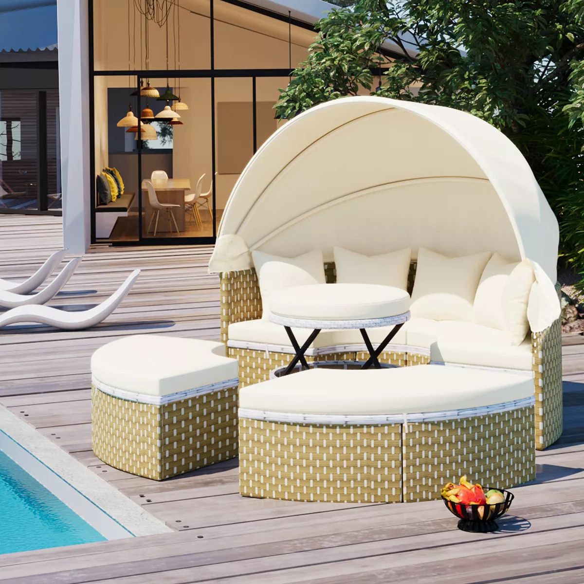 Round Outdoor Patio Sectional Sofa Set Rattan Daybed Two-Tone Weave Sunbed with Retractable Canop... | Target