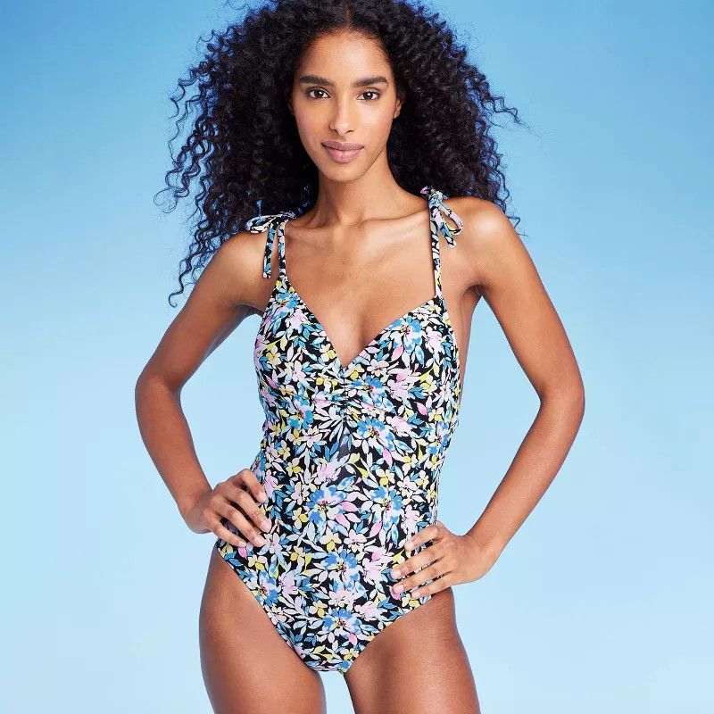 Women's Plunge Shoulder Tie One Piece Swimsuit - Shade & Shore™ Multi Floral Print | Target