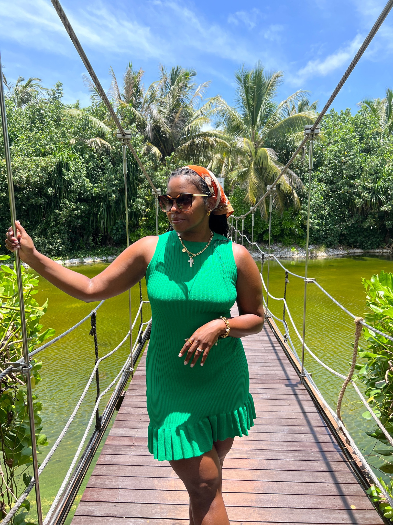 Great dress for vacay. Lightweight but the ruffles and ribbed texture added a little pizazz. All jewelry is my collection shoplivinfearless.com 
Dress: Large 
Scarf is old from H&M 


#LTKfindsunder50 #LTKtravel #LTKmidsize