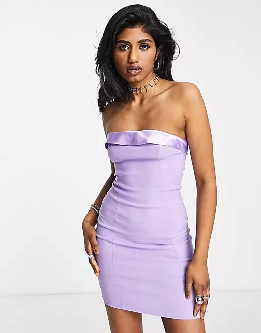 Missyempire bandeau mini dress with contrast satin trim in lilac | ASOS (Global)
