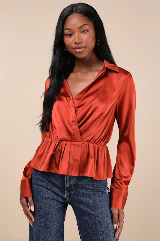 Considered Sophistication Rust Satin Long Sleeve Collared Top | Lulus