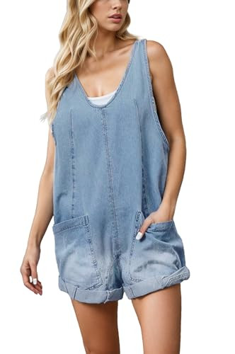RIVODE Denim Romper for Women Casual V Neck Jean Romper Sleeveless Loose Denim Jumpsuit with Pockets | Amazon (US)