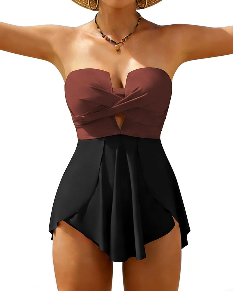XUNYU One Piece Swimsuits for Women Bandeau Strapless Bathing Suits Tummy Control Modest Swim Dre... | Amazon (US)