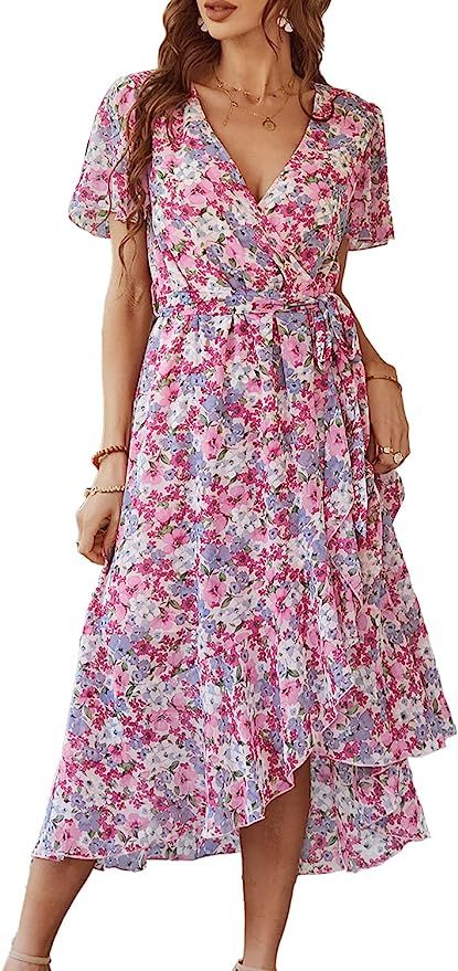 PRETTYGARDEN Women's Floral Summer Dress Wrap V Neck Short Sleeve Belted Ruffle Hem A-Line Bohemi... | Amazon (US)