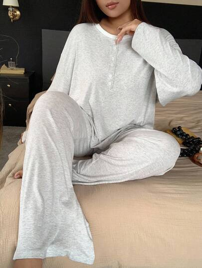 Dazy Plus Contrast Color Patchwork Round Neck Fake Placket Long Sleeve Top And Loose Pants Pajama... | SHEIN