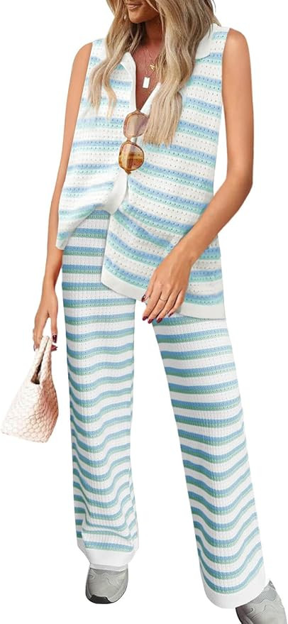 Tankaneo Womens Sleeveless Striped Pajama Sets Color Block Crochet Knit Button Top Pants 2 Piece ... | Amazon (US)
