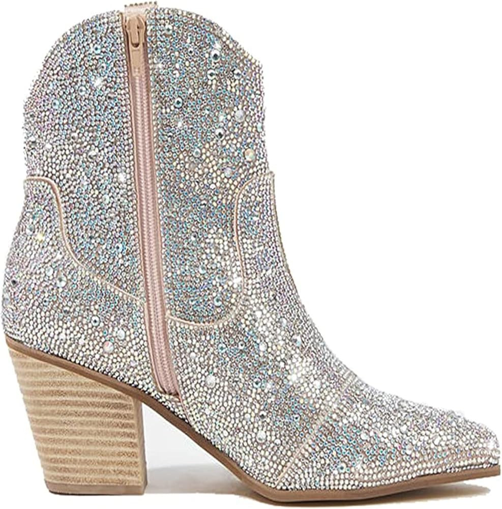 gloryinterest Womens Rhinestone Ankle Boots Sparkly Glitter Chunky Heel Western Pointed Toe Cryst... | Amazon (US)