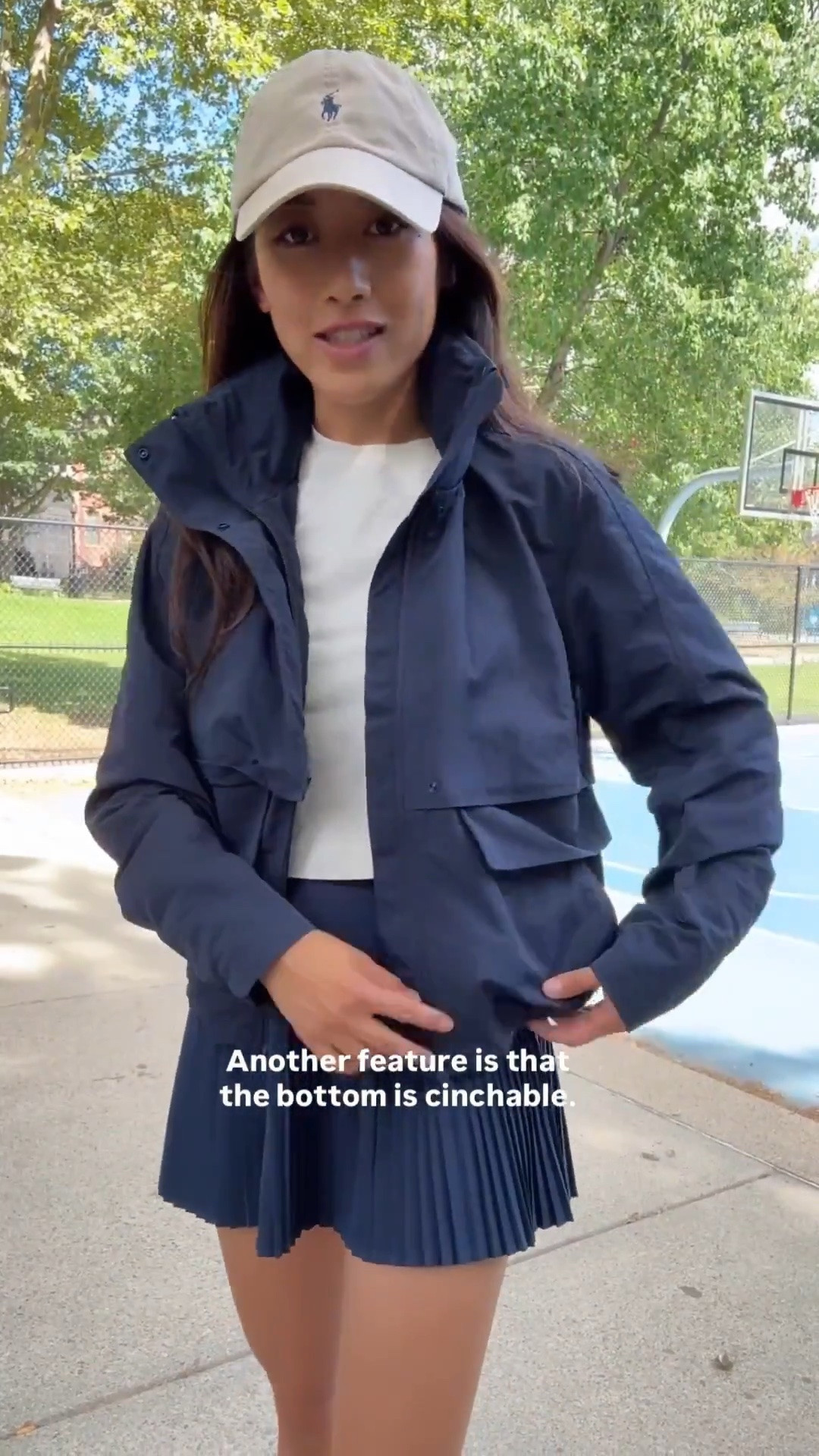 Size info below: favorite atheisure jacket sz 2 + pleated skort sz 2 (runs small)

Some useful features:
- water resistant
- hood folds into the collar
- lots of pockets with secure zipper 
- bottom can be cinched for a different look
- Lululemon pleated skort size 2. I always size up in this brand. Machine wash cold and air dry, the pleats stay perfectly intact
- Cropped tee in xxs
- Adidas handball spezial sneakers 5 but runs big 

active jacket, rain jacket, travel style, airport outfits, tennis, school pickup, busy mom looks

#LTKPetite #LTKTravel #LTKActive