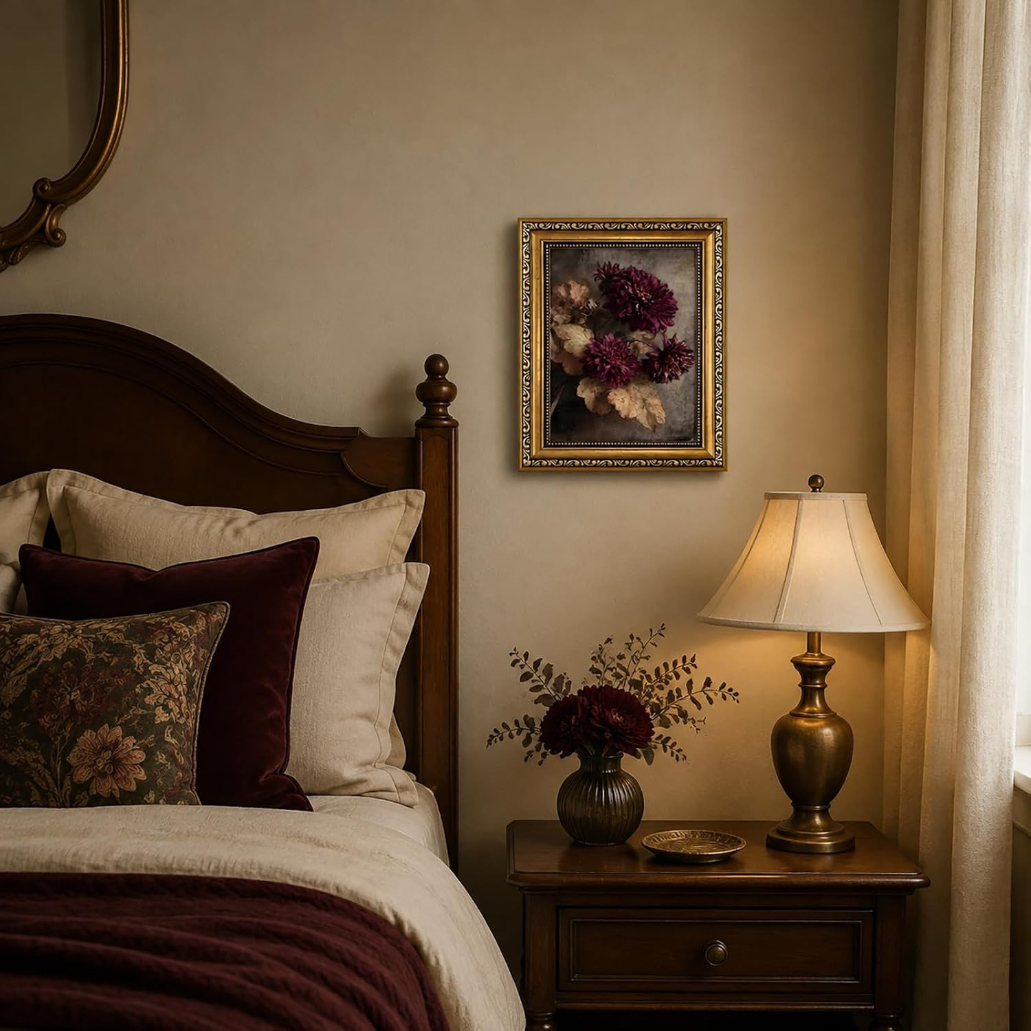 Vintage Burgundy Wall Art Moody Gothic Floral Wall Decor Gold Framed | Amazon (US)