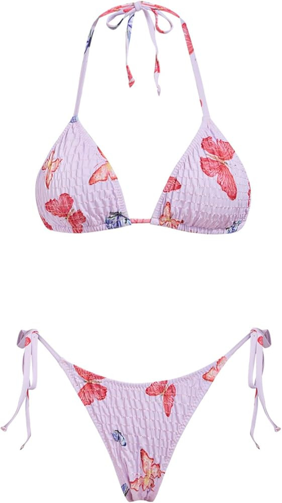 VOLAFA Women's Triangle Bikini Set String Swimsuit Print Tie Smocked Ruched Two Piece Bathing Sui... | Amazon (US)