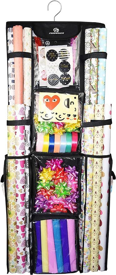 Double Sided Hanging Gift Wrap Organizer | Large 16" x 41" Wrapping Paper Rolls Storage Bag | Tea... | Amazon (US)