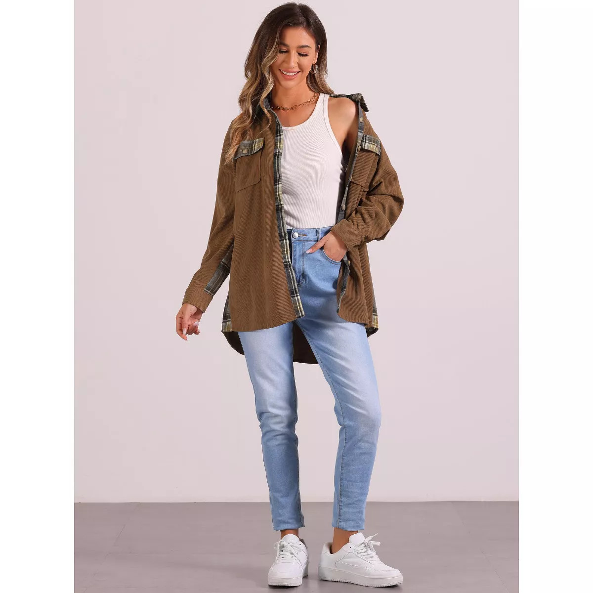 Allegra K Women's Plaid Patchwork Dressy Long Sleeve Button Down Waffle Shacket Jacket | Target