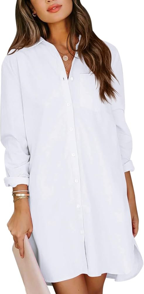 Women's Button Down Shirt Dresses Cotton High Low Tunic Dress Long Sleeve Boyfriend Blouse Shirts... | Amazon (US)