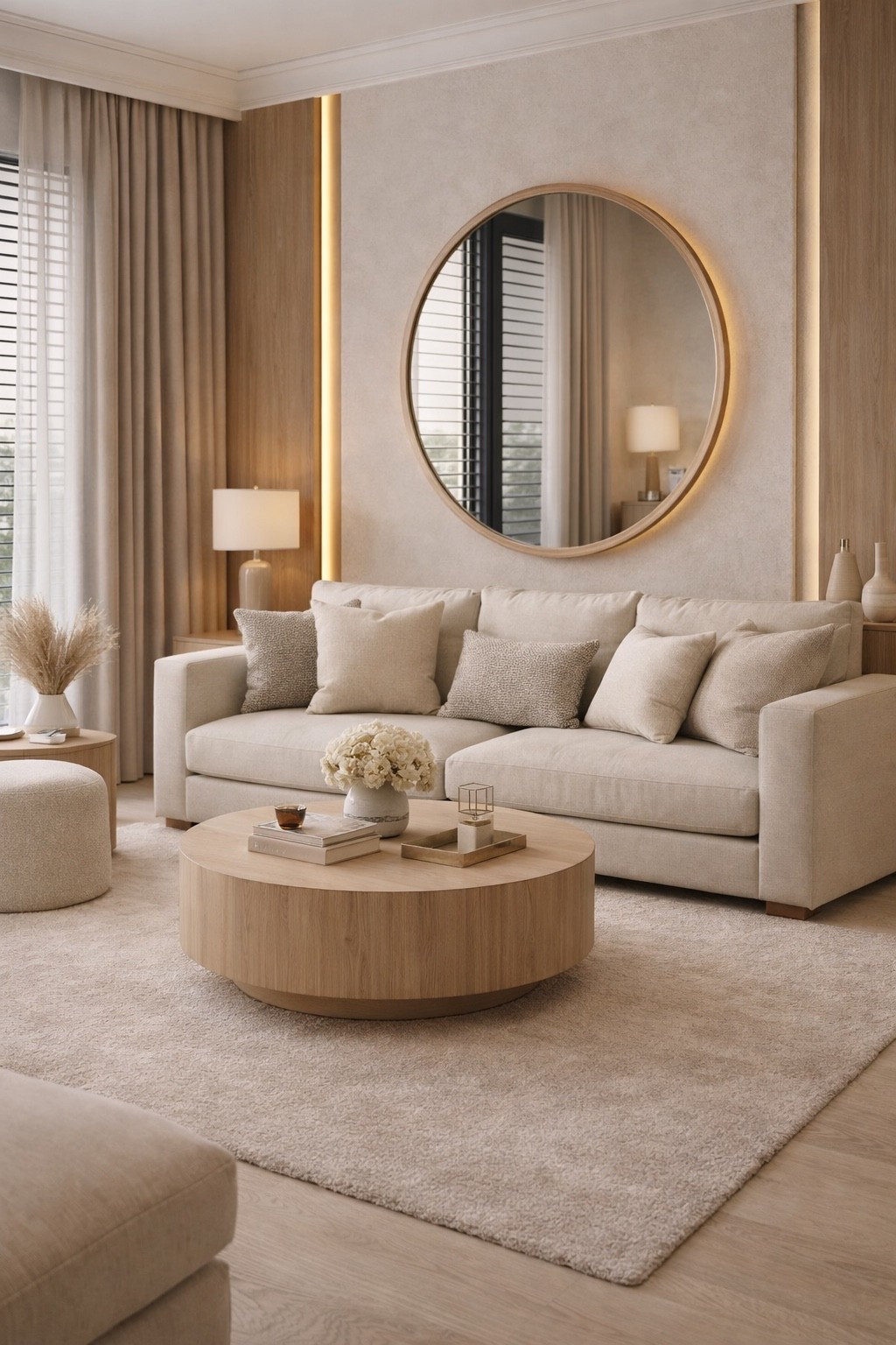 A modern living room styled in warm neutral tones, featuring a plush beige sofa, a sculptural wood coffee table, and a statement round mirror.
Soft lighting, balanced proportions, and natural textures create a calm, elegant space that feels cozy yet elevated.

Save this pin for modern living room ideas, neutral interiors, and cozy luxury home inspiration.
Shop similar sofas, coffee tables, mirrors, and decor through my LTK for a curated, designer-inspired look 🤍
#livingroomdesign
#neutralinterior
#modernlivingroom
#cozyliving
#beigeinterior
#roundmirror
#woodfurniture
#luxuryinteriors
#homeinspiration
#interiorinspo
#homedecorideas
#ltkhome
#ltkinteriors
