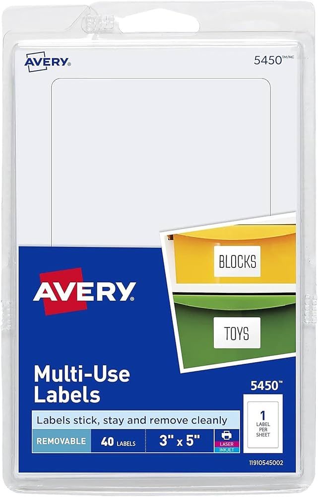 Avery 5450 Removable Print or Write Labels, 3" x 5" - White (Pack of 40) | Amazon (US)