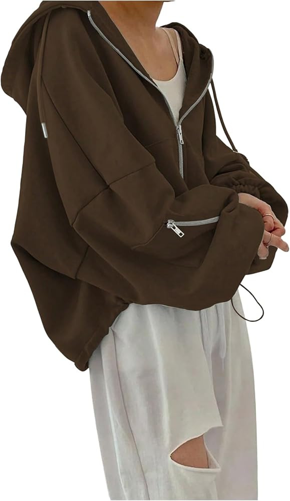 Women's Zip Up Drawstring Hoodie Long Sleeve Drop Shoulder Loose Sweatshirt Outerwear | Amazon (US)