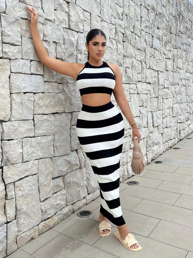 SHEIN SXY Two Tone Halter Knit Top & Knit Skirt | SHEIN