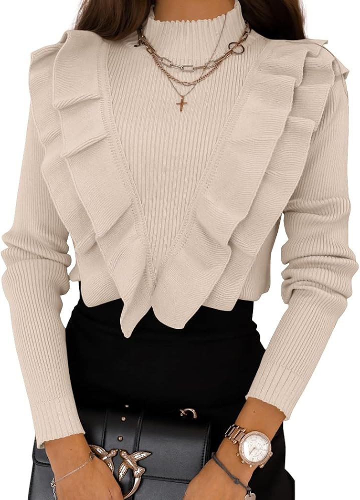 Coololi Women's Ruffle Sweaters Mock Neck Cute Cozy Fitted Pullover Sweater Tops | Amazon (US)