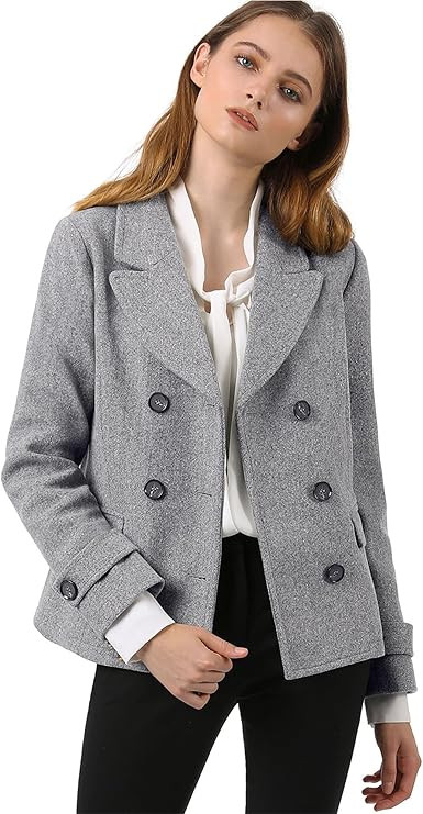 Allegra K Women's Notched Lapel Double Breasted Pea Coat | Amazon (US)