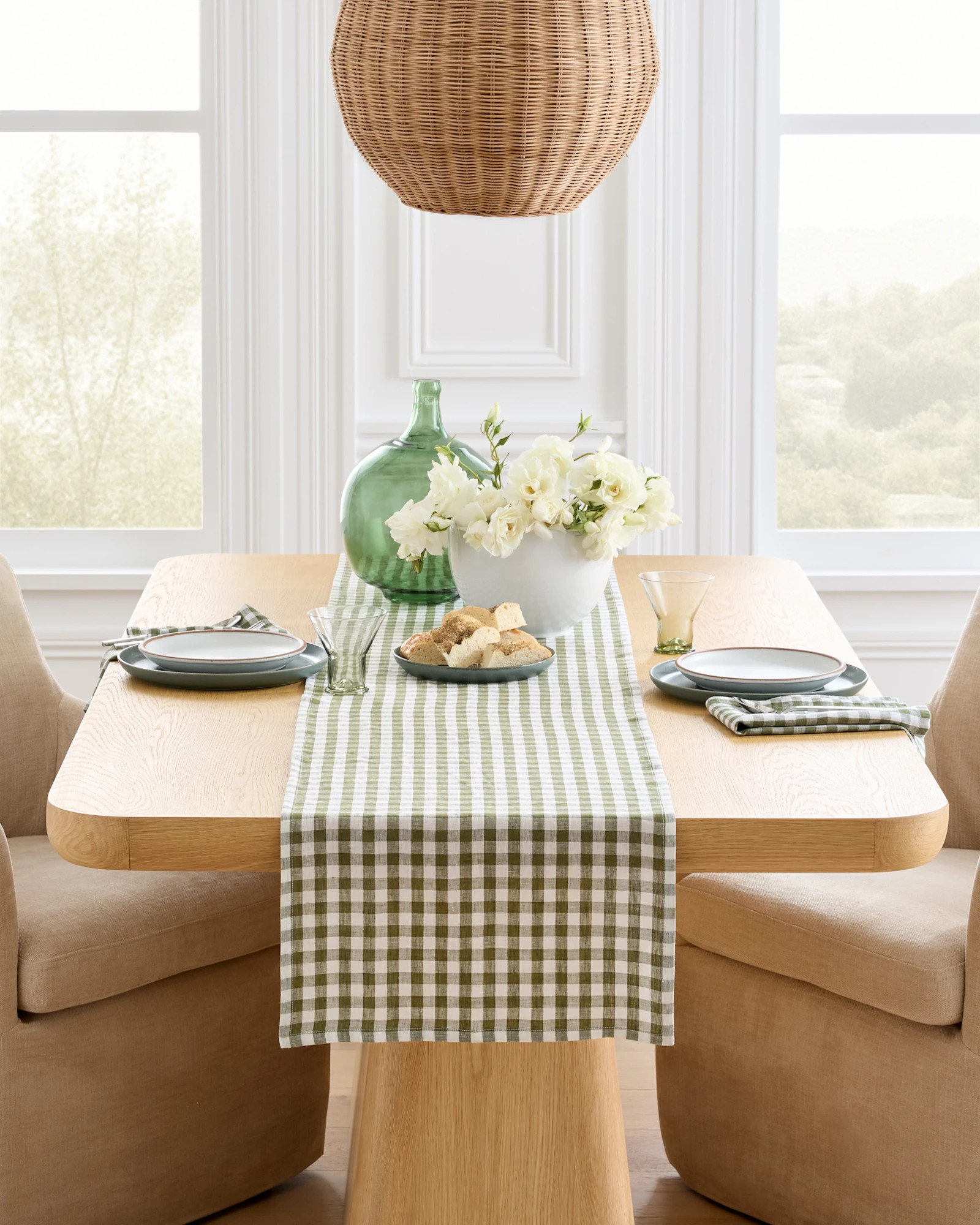 European Linen Gingham Table Runner  in Olive | Quince