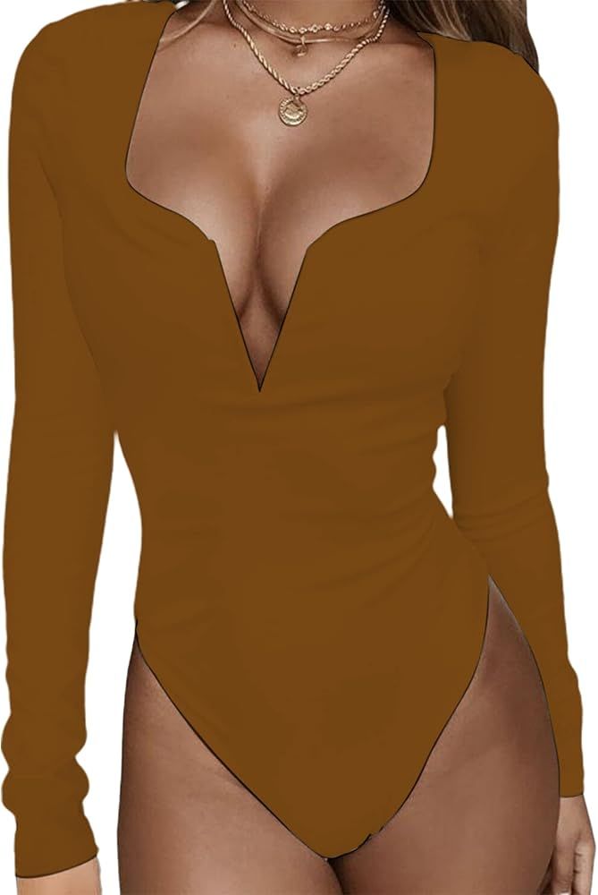 LilyCoco Womens Long Sleeve Bodycon Bodysuit Deep V-Neck Stretchy Leotard Top | Amazon (US)