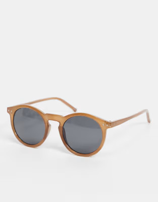 ASOS DESIGN retro round sunglasses with smoke lens in brown | ASOS (Global)