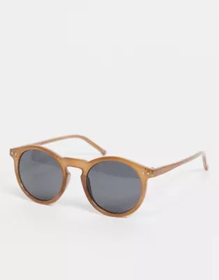 ASOS DESIGN retro round sunglasses with smoke lens in brown | ASOS (Global)