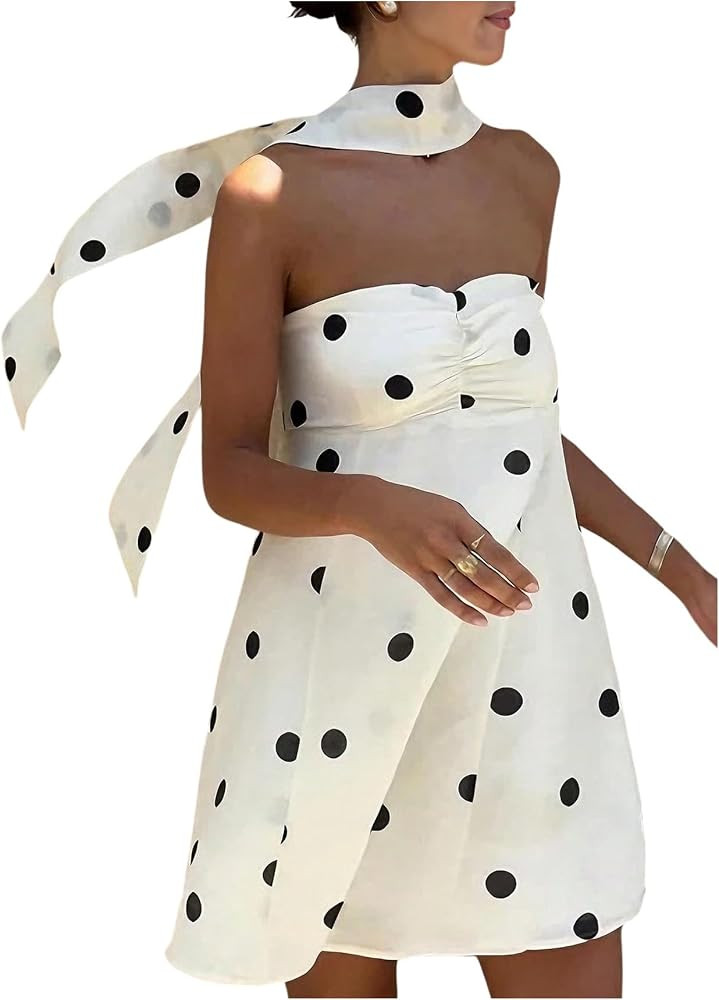 SHENHE Women's Polka Dots Halter Tube Mini Dress A Line Ruched Flowy Summer Party Dress | Amazon (US)