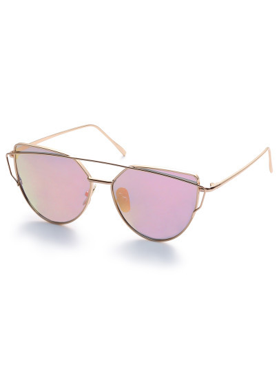 Gold Metal Frame Double Bridge Pink Lens Sunglasses | SHEIN