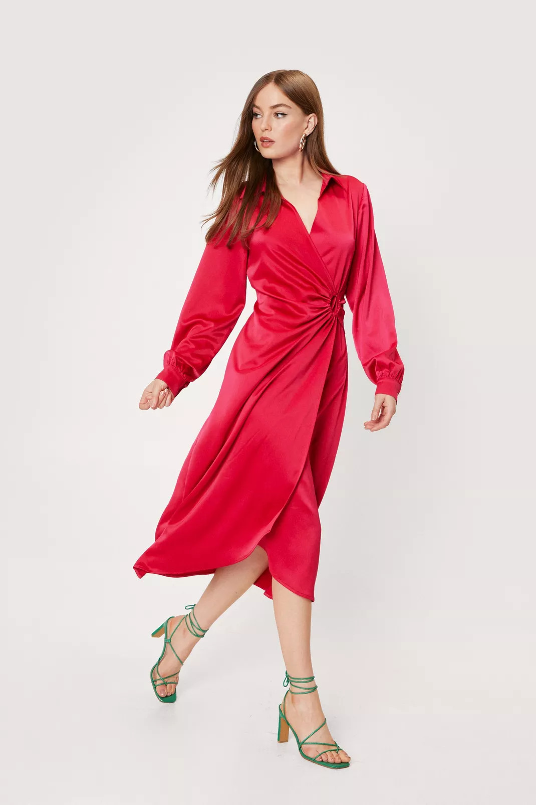 O Ring Detail Satin Wrap Midi Shirt Dress | Nasty Gal (US)