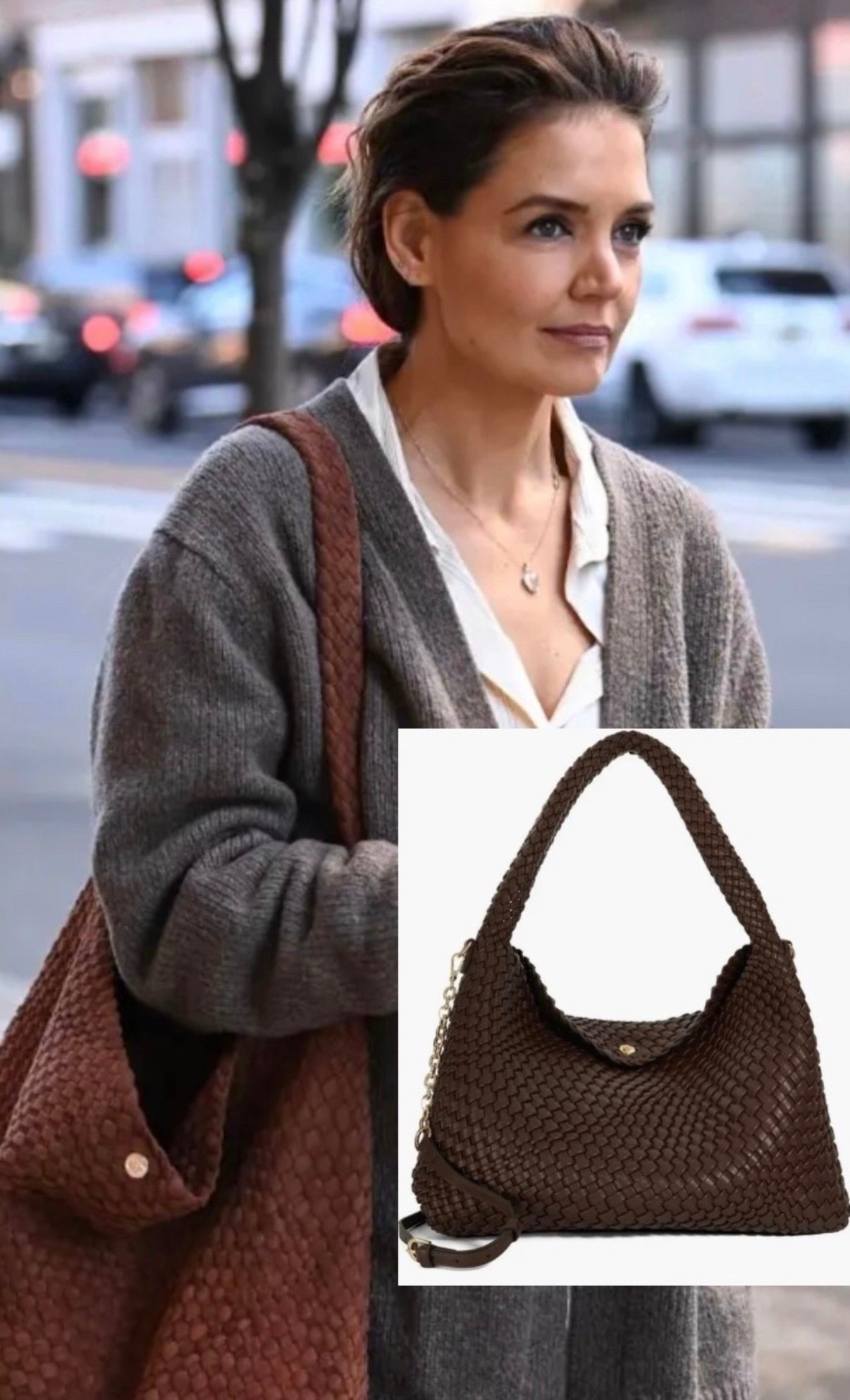 Rose Byrne was snapped in London last weekend ahead of the BAFTAs, looking ever stylish in wide-leg jeans, black booties, a short, brown tweed jacket — and what’s become celebs’ go-to bag, the large Dune London Deliberate.

Katie Holmes, Bella Hadid and Daisy Edgar-Jones are just a few of the fashionistas who have worn the style, which is surprisingly under $200. The woven, slouchy bag comes in different sizes and a range of pretty colors.#LTKitbag #LTKstyletip

#LTKSeasonal