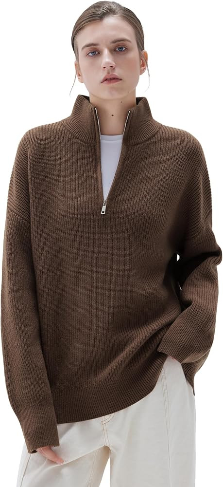 SUUKSESS Women Cashmere Oversized Quarter Zip Pullover Sweater Long Sleeve Collared Ribbed Knit J... | Amazon (US)