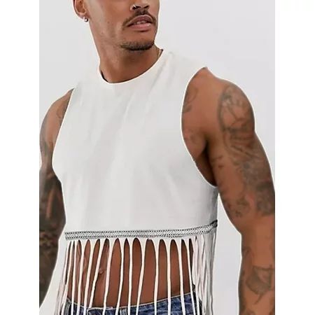 Men s White Crop Tank Tops Sleeveless O-neck Tassels Vests | Walmart (US)