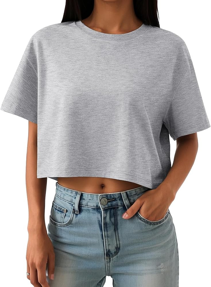 Trendy Queen Womens Crop Tops Oversized Workout Tshirts Short Sleeve Tees Summer Spring 2025 Casu... | Amazon (US)