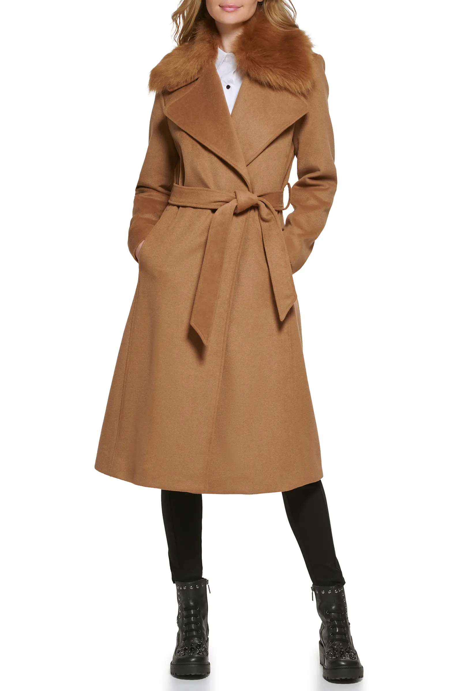 Belted Faux Fur Trim Wool Blend Coat | Nordstrom Rack