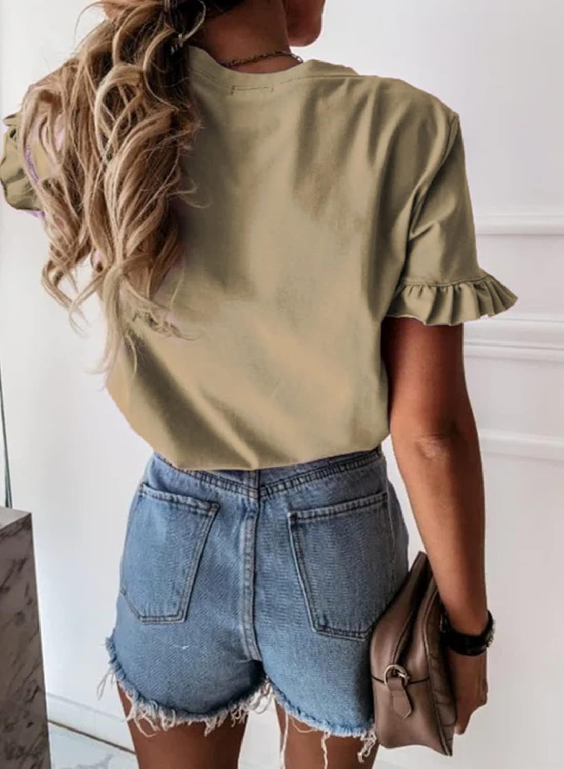 PRETTYGARDEN Women's Short Sleeve Casual T Shirts Summer Ruffle Plain Round Neck Loose Fit Tee Blous | Amazon (US)