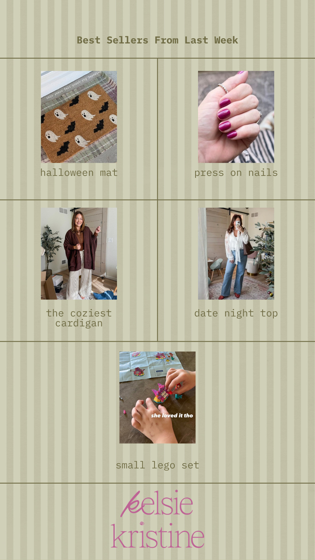 Last week’s best sellers are here! These were the finds you all loved most—from the cutest Halloween mat and easy press-on nails to my favorite cozy cardigan, a date-night top, and a fun little LEGO set.

Which one is your favorite?

best sellers • best selling finds • Walmart finds • affordable finds • Halloween decor • Halloween doormat • press-on nails • fall fashion • cozy cardigan • date night outfit • women’s tops • LEGO sets • kids toys • fall favorites • weekly favorites

#LTKHome #LTKMidsize #LTKKids